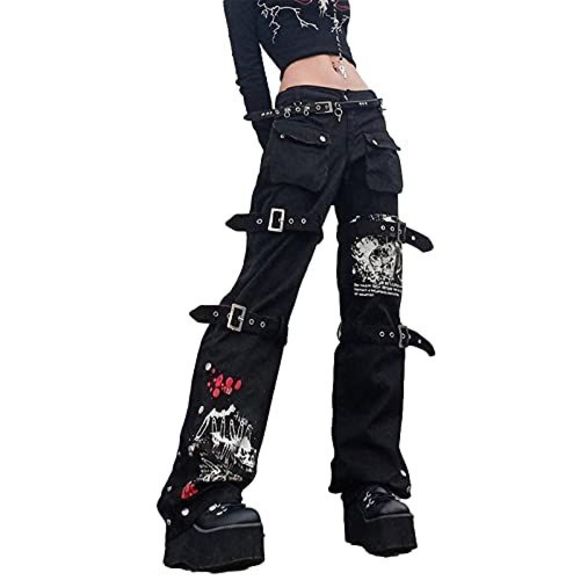 Ynocfri Women Harajuku Goth Pants Wide Leg Low Rise Baggy Pants Grunge Gothic - Picture 1 of 1